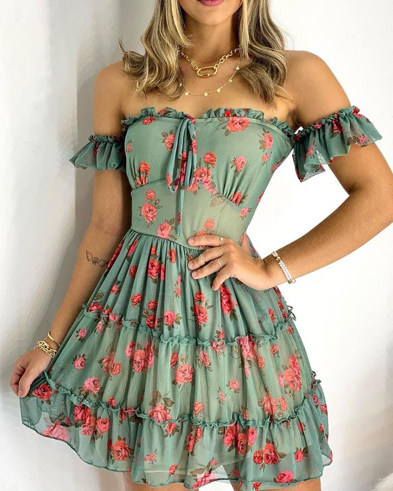 

Floral Print Off Shoulder Frill Hem Women Dress, Green