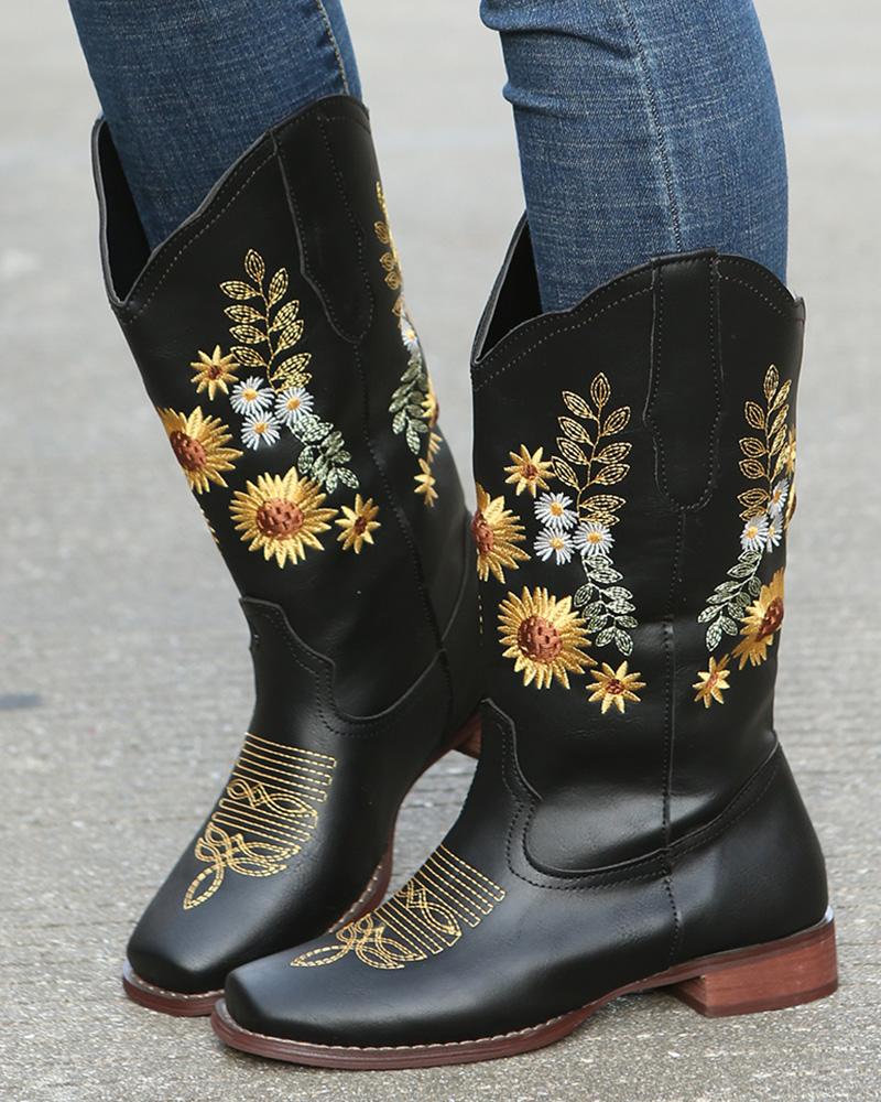 

Daisy Sunflower Embroidery Square Toe Chunky Cowboy Boots, Black