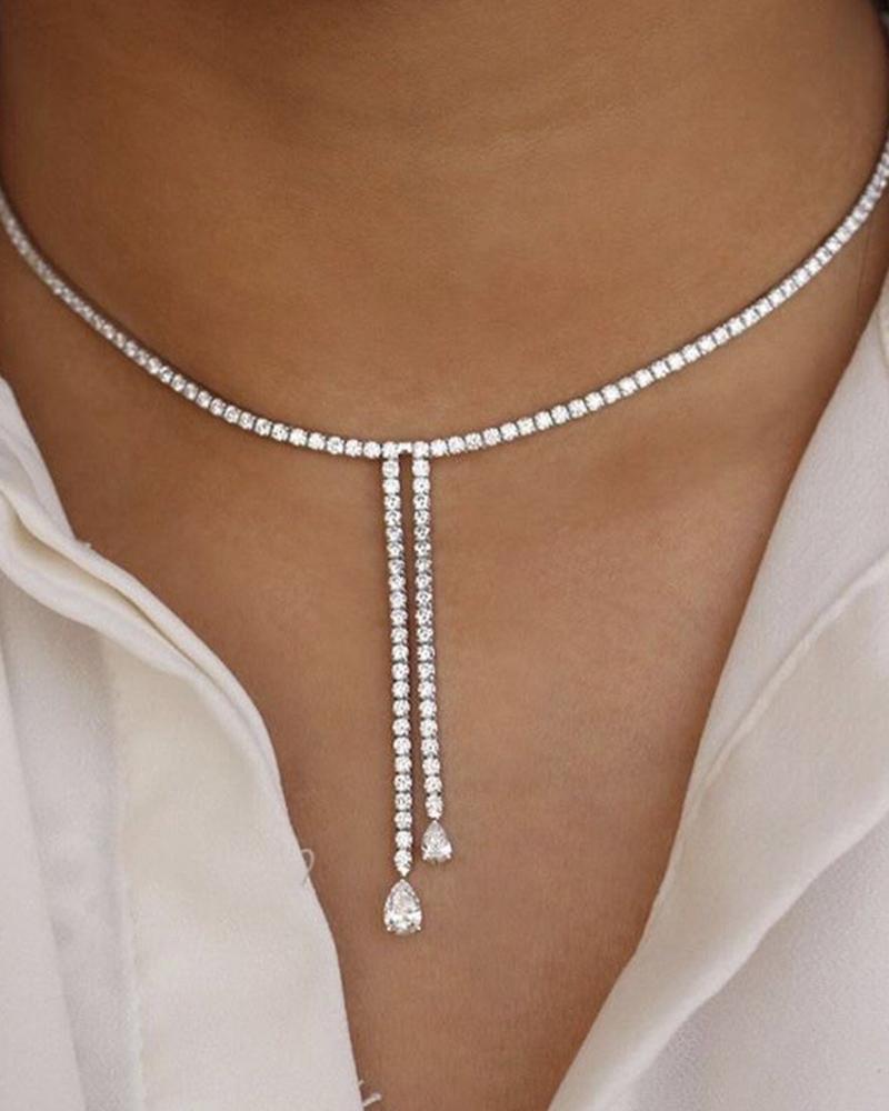 

1pc Rhinestone Tassel Wedding Evening Party Necklace, Silver
