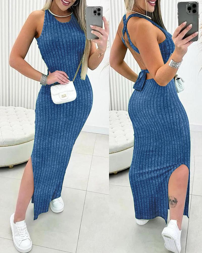 

Criss Cross Backless Tied Detail Slit Ribbed Dress, Blue