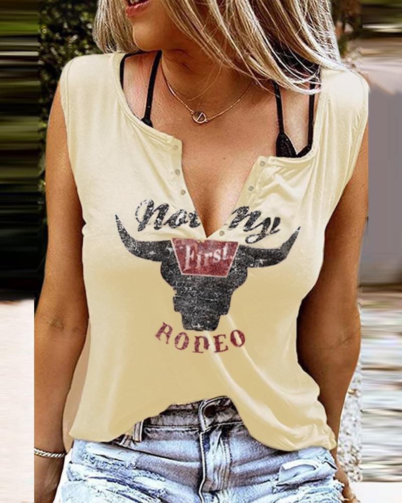 

Highland Cattle Letter Print Eyelet Decor Casual Tank Top, Apricot