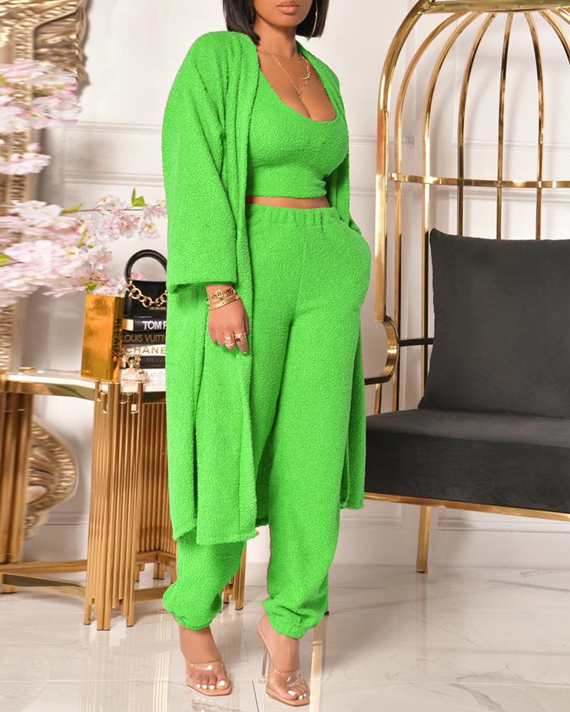 

Tank Teddy Top & High Waist Pants Set With Long Sleeve Coat, Green