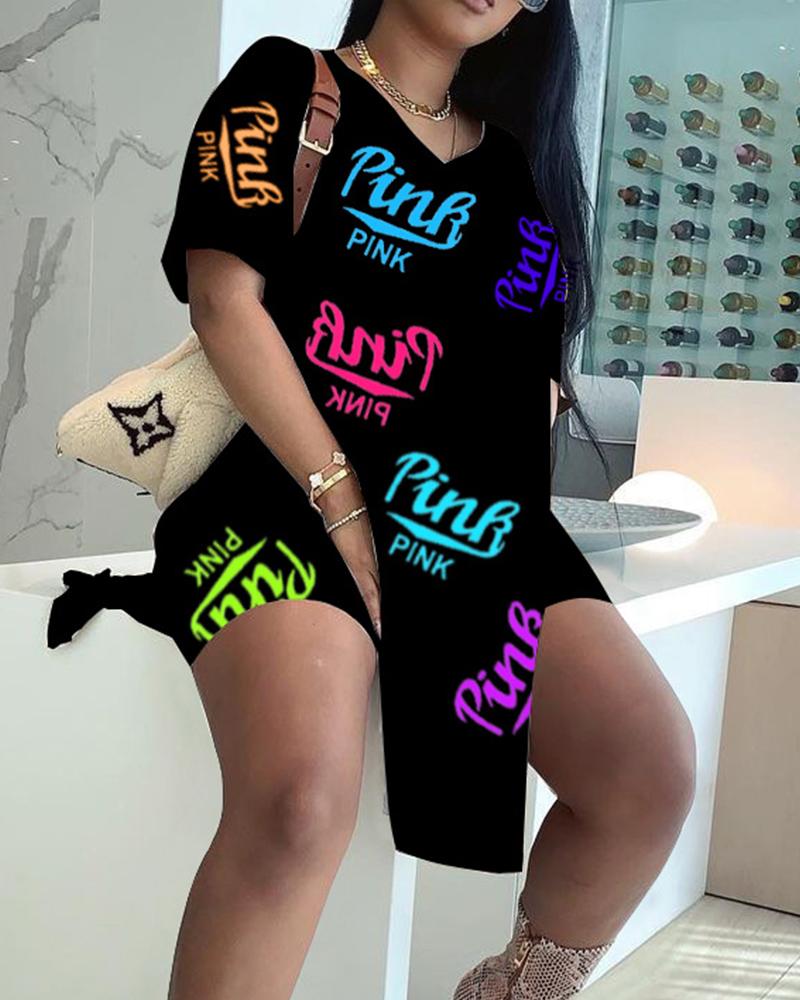 

Letter Print Short Sleeve T-shirts With Shorts Suit Sets, Black