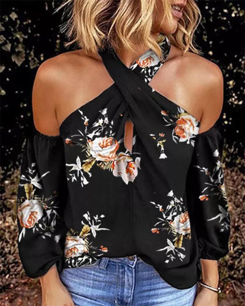 

Floral Print Criss Cross Lantern Sleeve Top, Black