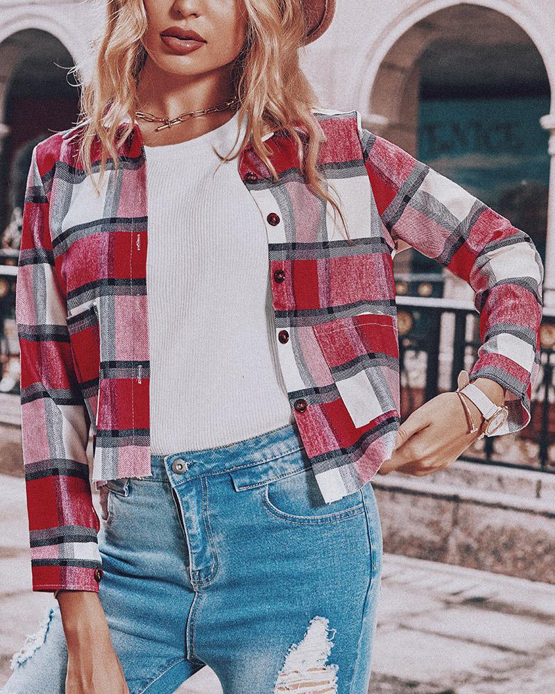 

Long Sleeve Plaid Print Buttoned Pocket Design Shacket, Red