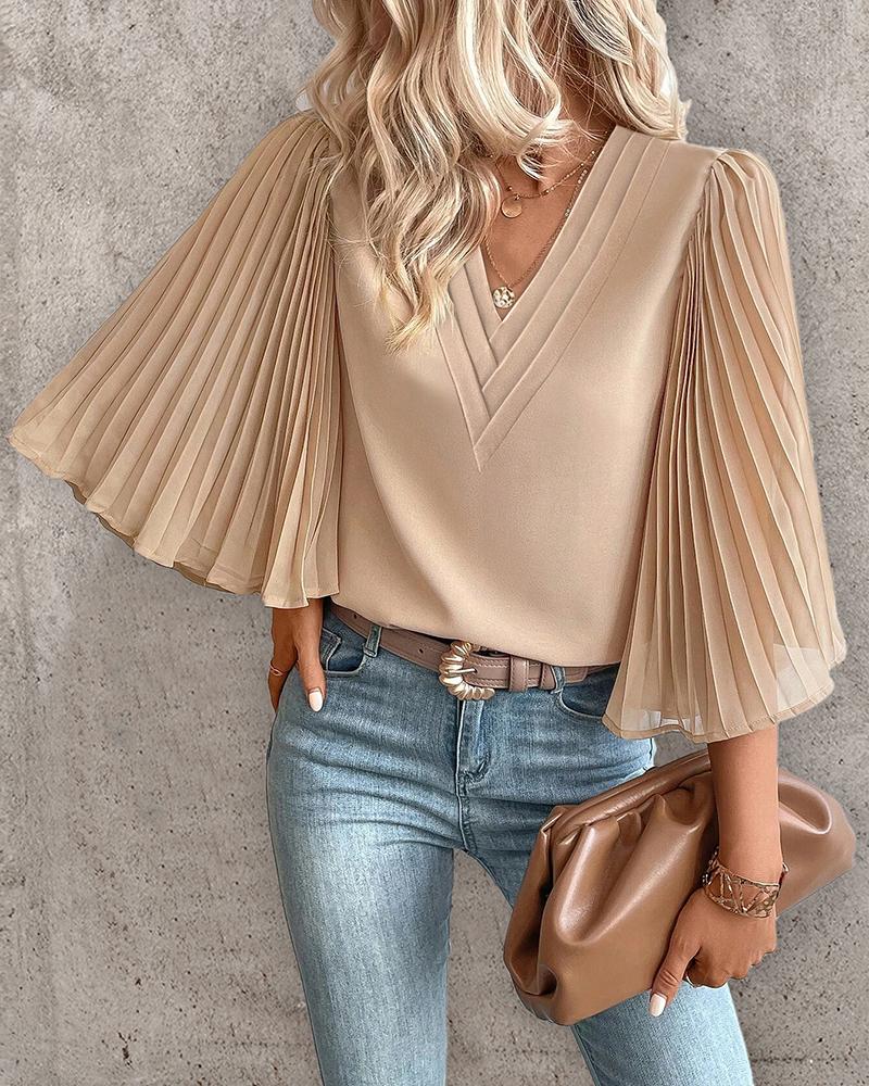 

Pleated Bell Sleeve V-Neck Top, Khaki