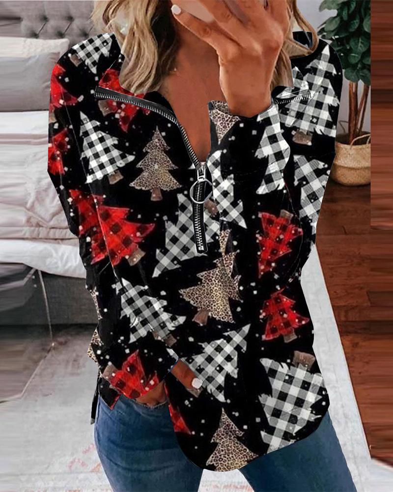 

Christmas Tree Print Zip Detail Casual Top, Black