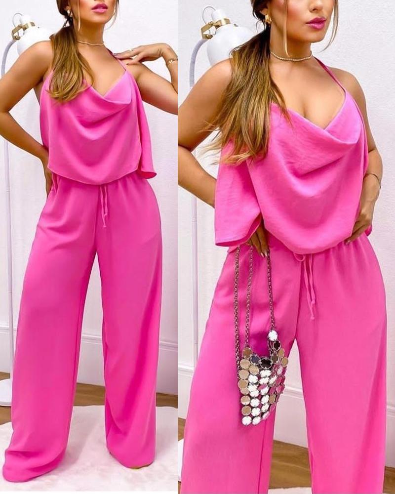 

Plain Cowl Neck Cami Top & Pants Set, Hot pink