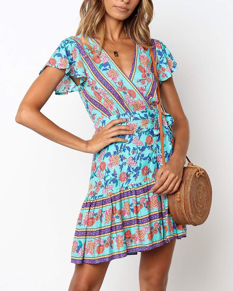 

Floral Print V-Neck Short Sleeve Dress, Blue