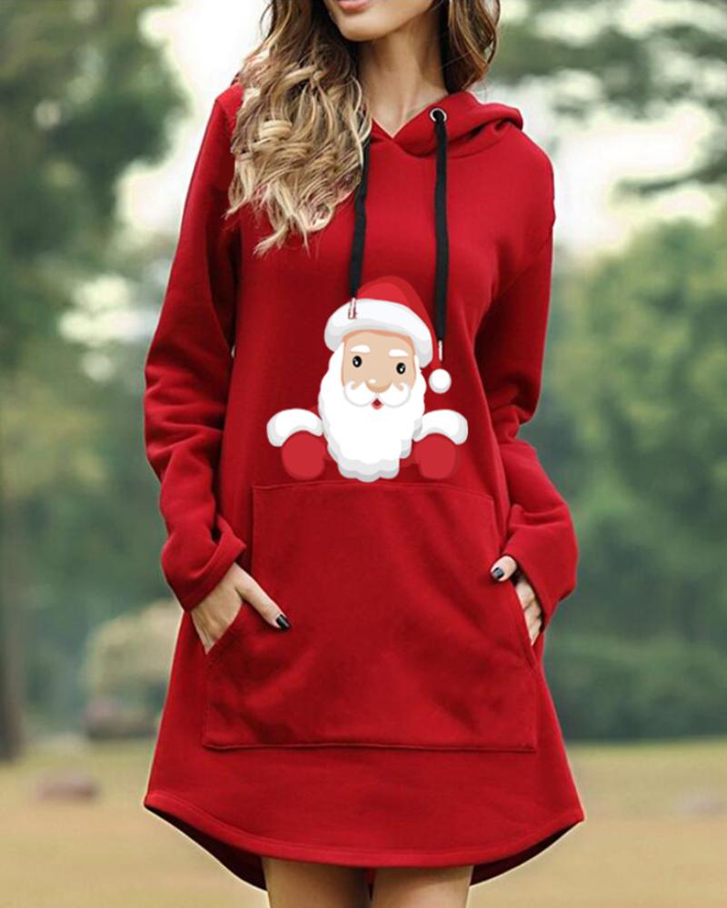 

Christmas Pocket Design Santa Print Sweatshirt Dress, Red