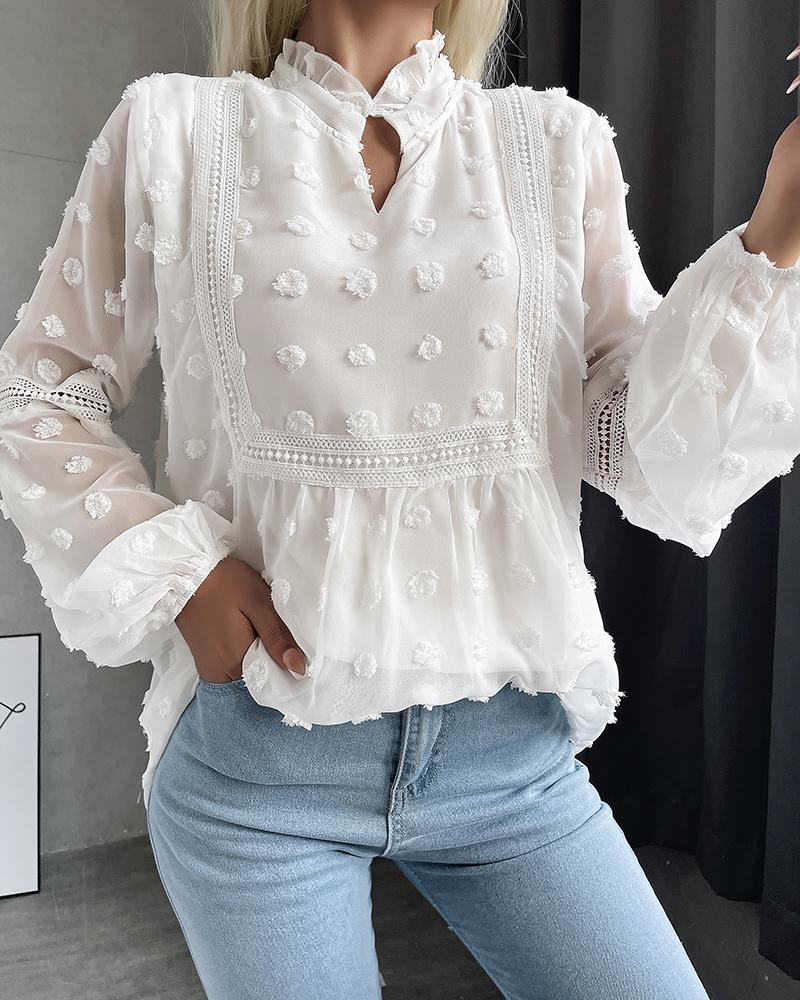 

Swiss Dot Long Sleeve Frill Hem Ruched Top, White