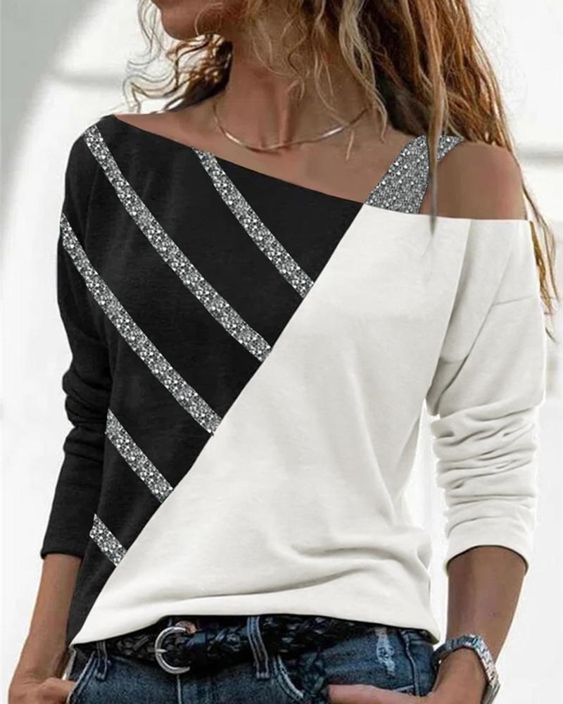 

Glitter Colorblock Cold Shoulder Top, Black