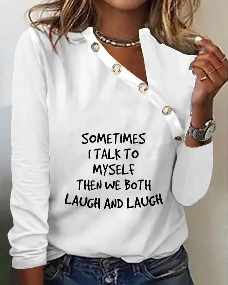 

Letter Print Button Front Long Sleeve Top, White