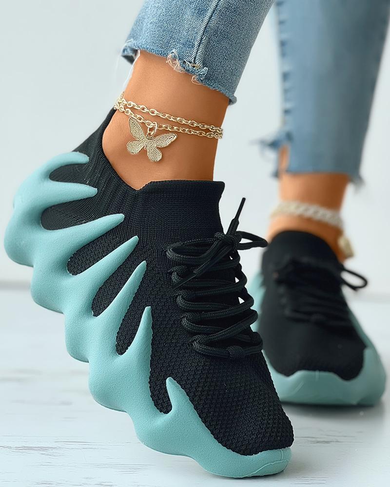 

Contrast Paneled Lace-up Knit Octopus Sneakers, Blue