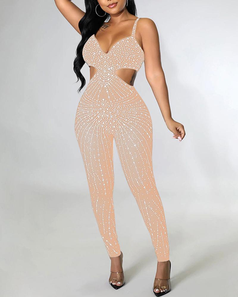 

Rhinestone Decor Sheer Mesh Cutout Jumpsuit, Beige