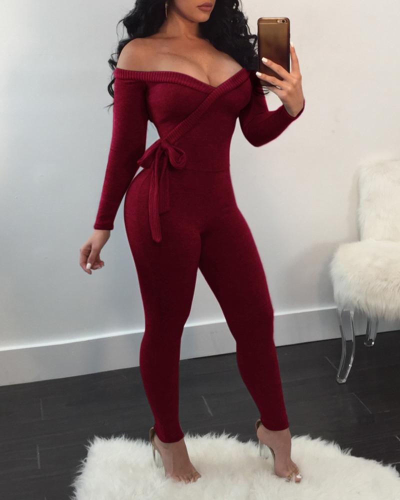 

Off Shoulder Tied Detail Wrap Jumpsuit, Wine red