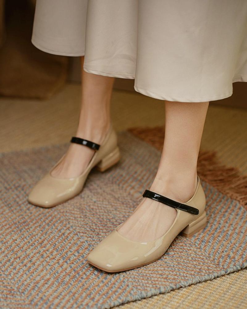 

Square Toe Colorblock Chunky Mary Jane Shoes, Khaki