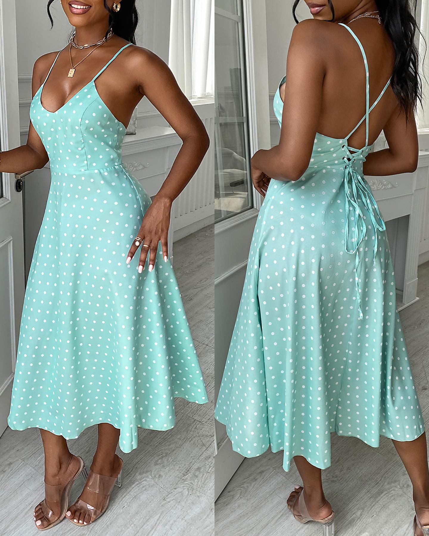 

Dot Ruffles Spaghetti Strap Backless Dress, Green