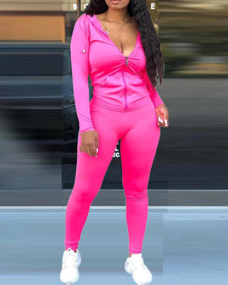 

Long Sleeve Zip Up Hooded Top & Pants Set, Hot pink