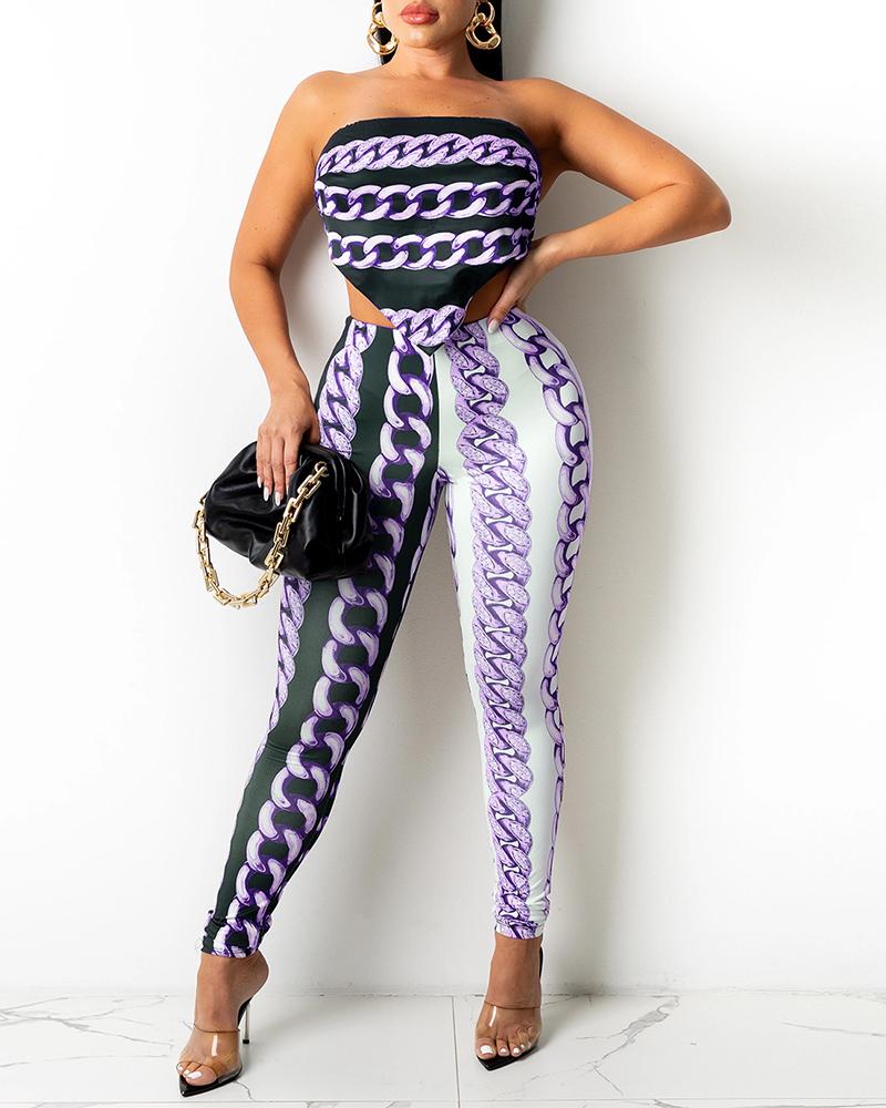 

Chain Print Open Back Tube Top & Pants Set, Purple