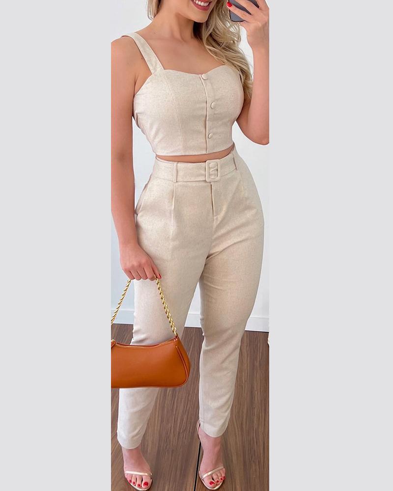 

Button Decor Crop Top & High Waist Pants Set With Belt, Beige
