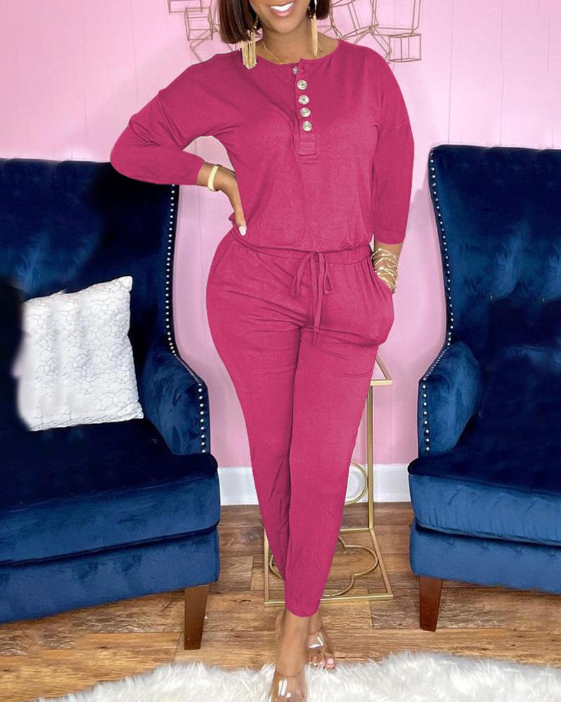 

Button Design Top & Drawstring Pocket Design Pants Set, Pink