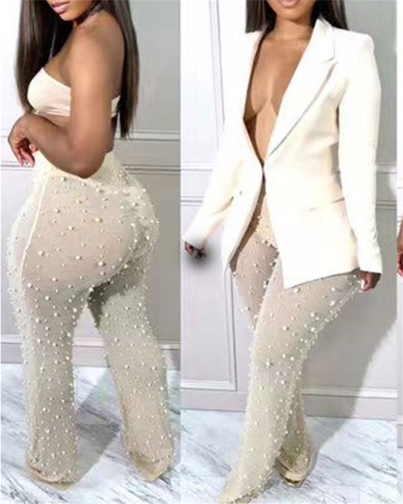 

Long Sleeve Blazer & Beaded Sheer Mesh Pants Set, White