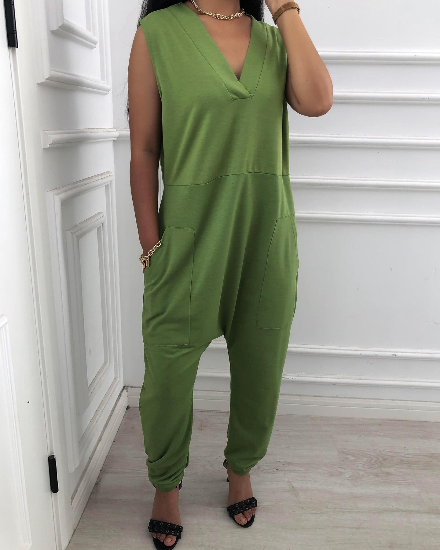 

Sleeveless Pocket Design V-Neck Jumpsuit, Green