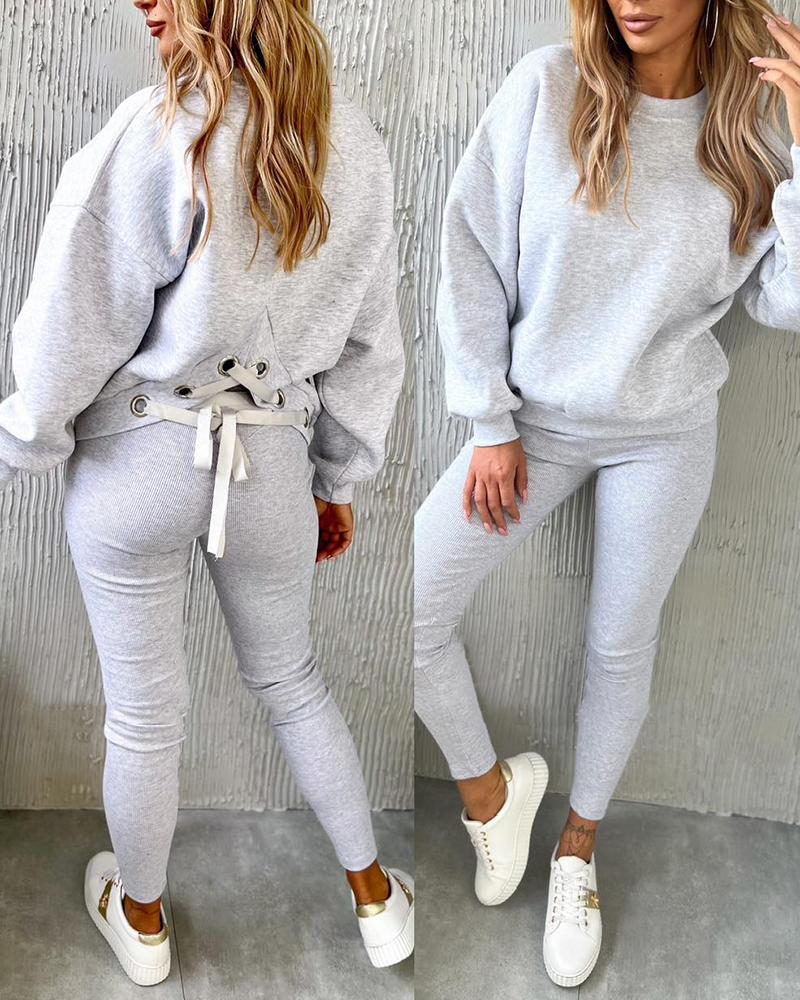

Lace-up Round Neck Sweatshirt & Sweatpants Set, Light gray