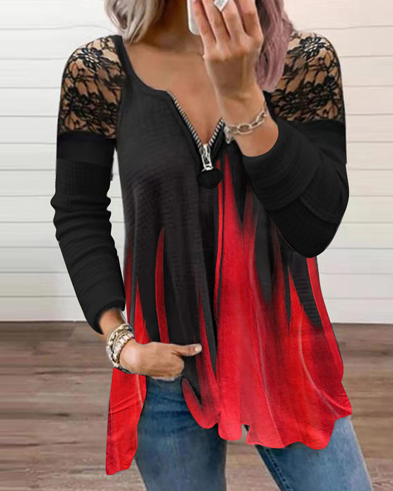 

Zipper Design Crochet Lace Patch Colorblock Top Casual Long Sleeve Shirt, Red