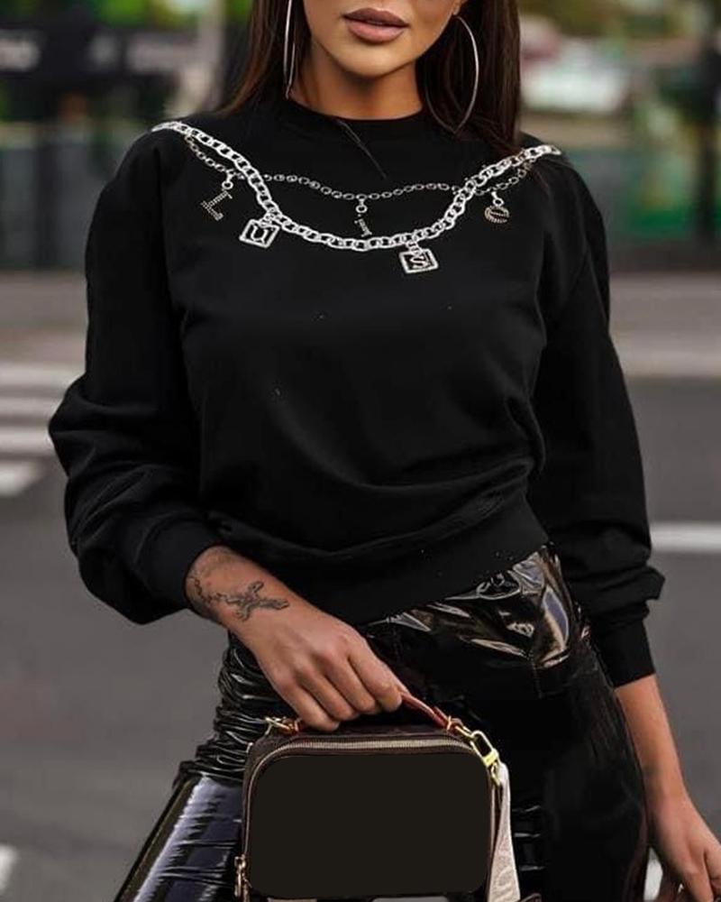 

Chain Print Long Sleeve Sweatshirt, Black