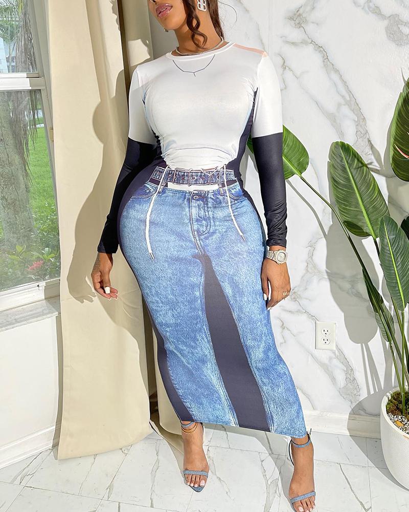 

3D Denim Look Print Long Sleeve Bodycon Dress, Blue