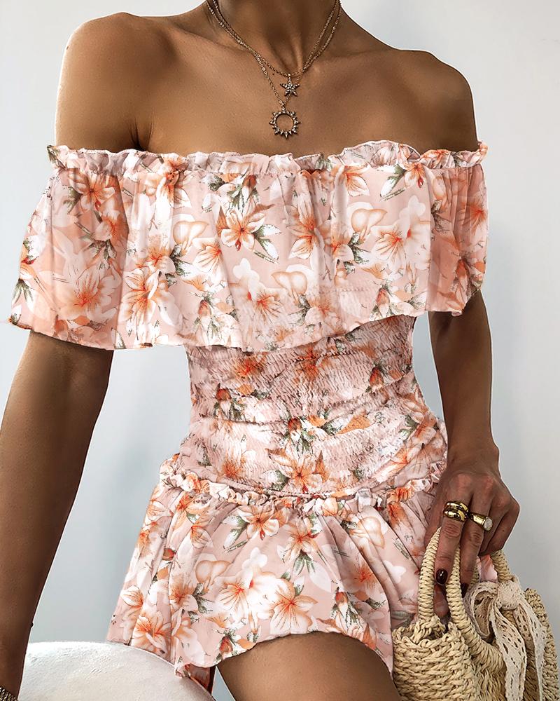 

Off Shoulder Floral Print Frill Hem Shirring Dress, Multicolor