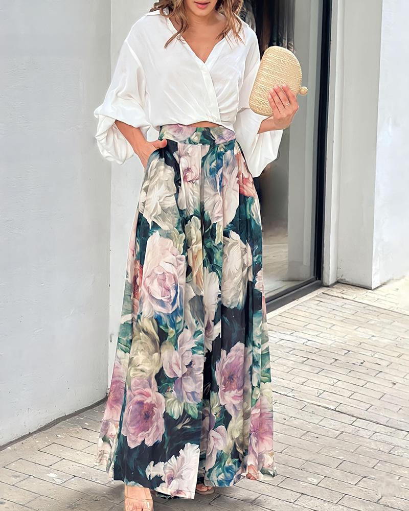 Lantern Sleeve Shirt & Floral Print Pants Set