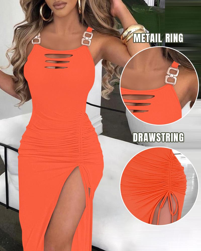 

Ladder Cut Out Ruched Bodycon Dress Buckled Strap Side Slit Drawstring Club Party Maxi Dresses, Orange