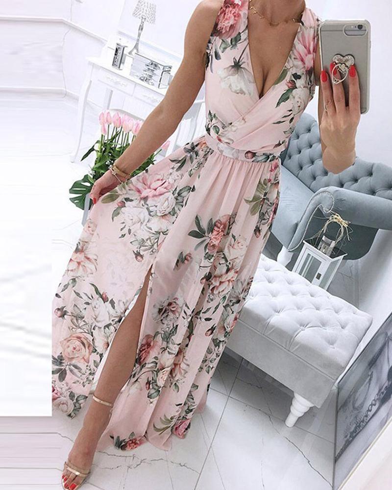 

V-Neck Floral Print High Slit Dress, Light pink