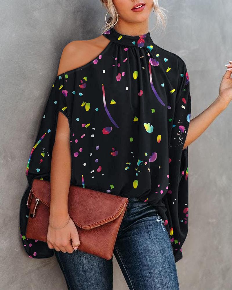 

Color Ink Print Cold Shoulder Cape Design Top, Black
