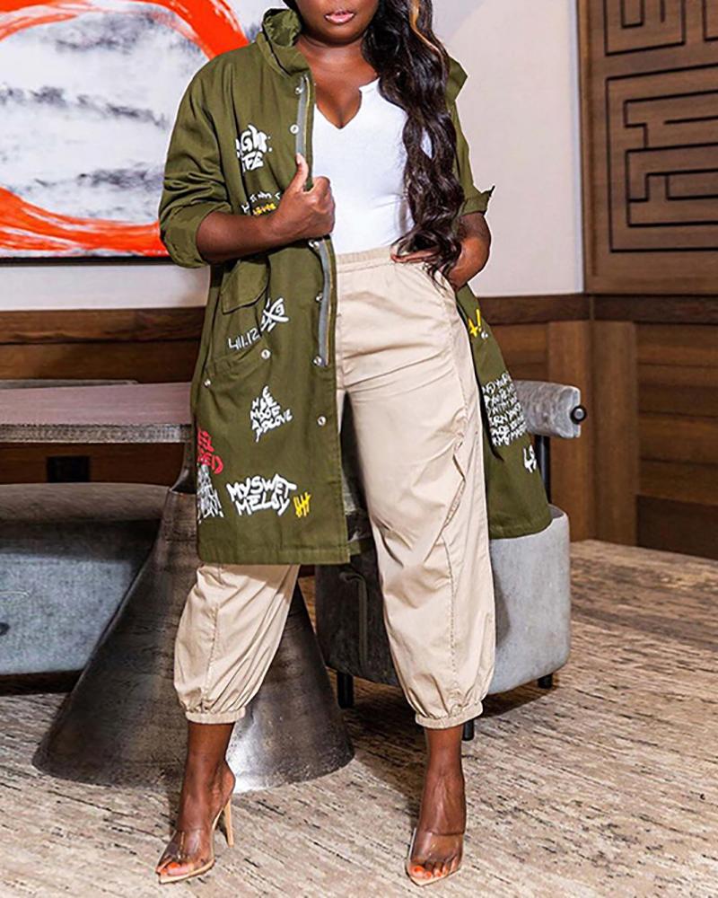 

Letter Graphic Print Casual Hooded Trench Coat, Green