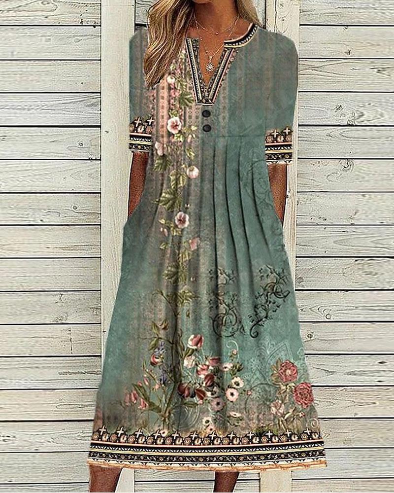 

Floral Print Pocket Design Casual Dress, Green