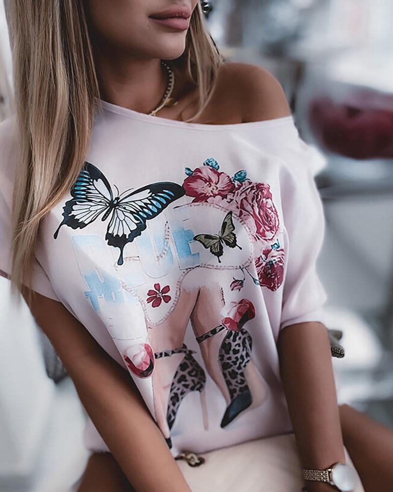 

Butterfly Heels Print Short Sleeve T-shirt, Pink