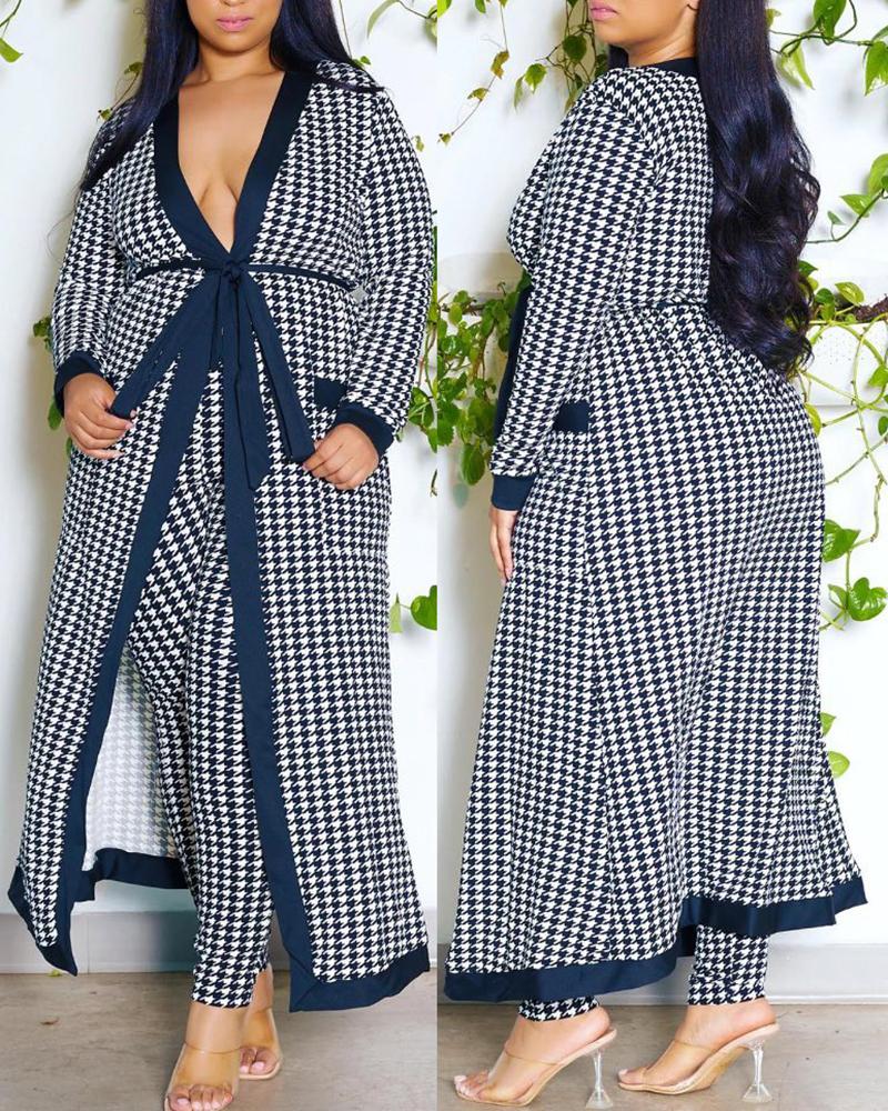

Plus Size Houndstooth Print Longline Coat & Pants Set, Dark blue