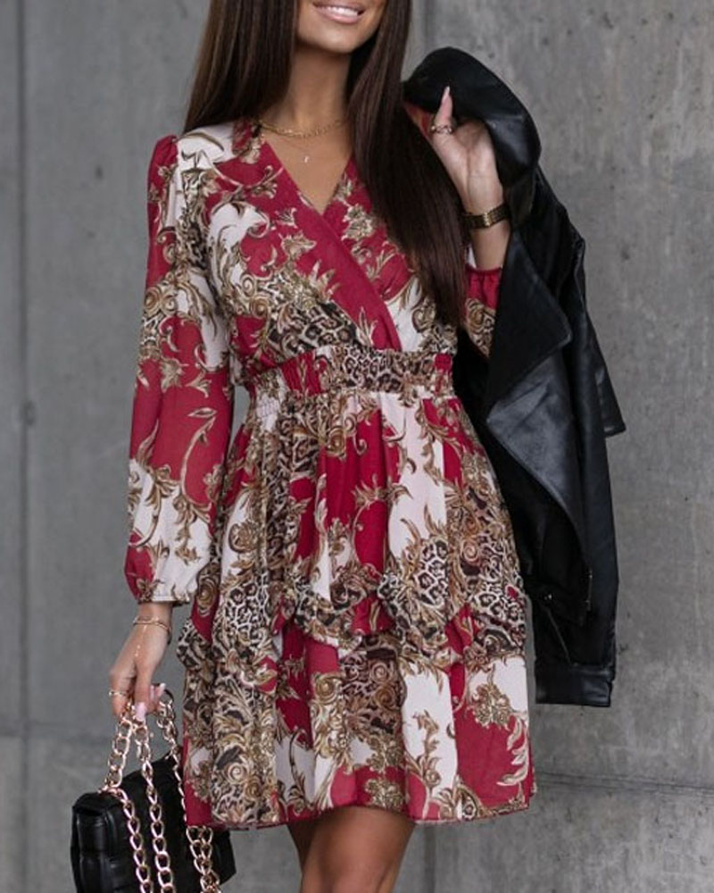 

Long Sleeve V-Neck Baroque Print Dress, Red