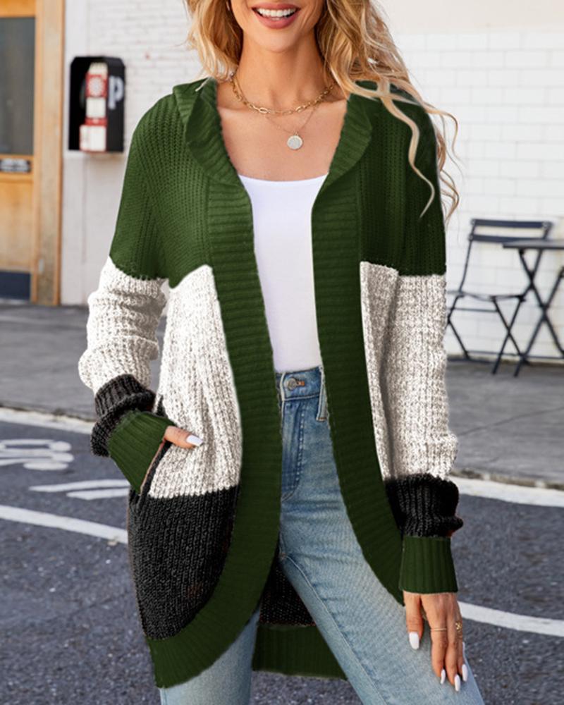 

Colorblock Pocket Design Knit Hooded Cardigan, Green