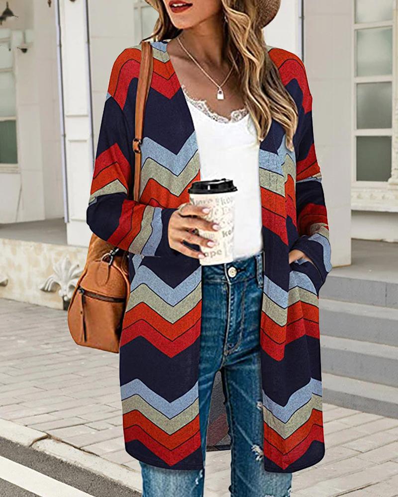 

Chevron Striped Print Open Front Coat, Purplish blue