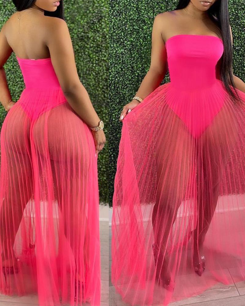 

Bandeau Sleeveless Sheer Mesh Party Dress, Hot pink