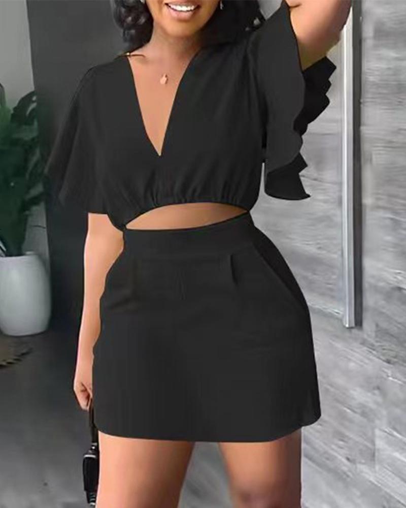 

Flutter Sleeve Crop Top & Mini Skirt Set, Black