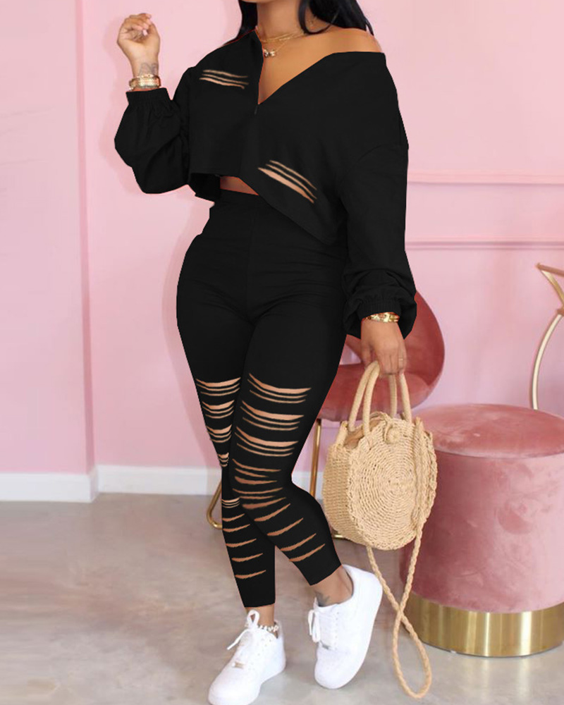 

Plus Size Ladder Cutout Lantern Sleeve Top & High Waist Pants Set, Black