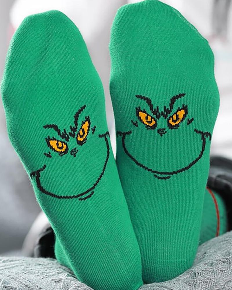 

Christmas Cartoon Print Colorblock Socks, Green