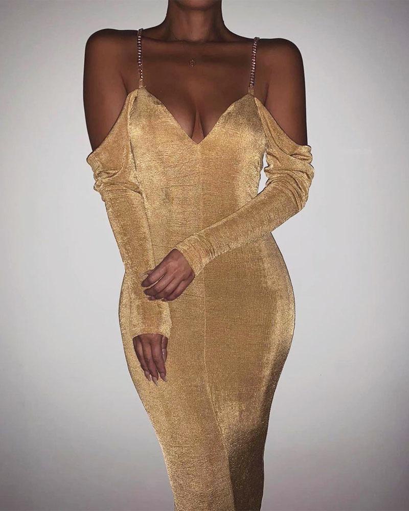

Chain Strap Cold Shoulder Party Dress, Khaki