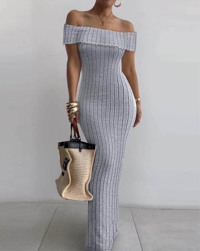 

Off Shoulder Ribbed Maxi Dress, Gray